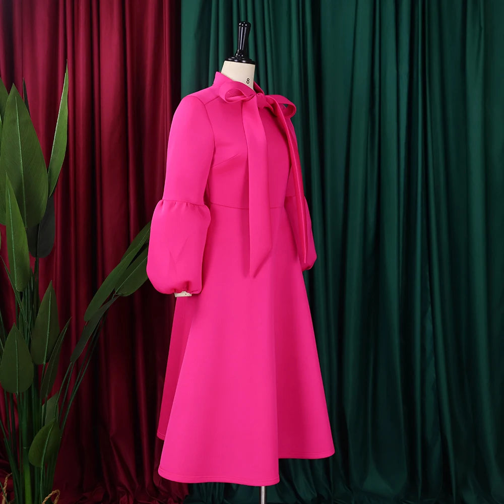 Elegant Dresses for Women Bow Collar Full Sleeve High Waisted A Line Mid Calf Luxury Female Birthday Party Dinner Vestidos Mujer