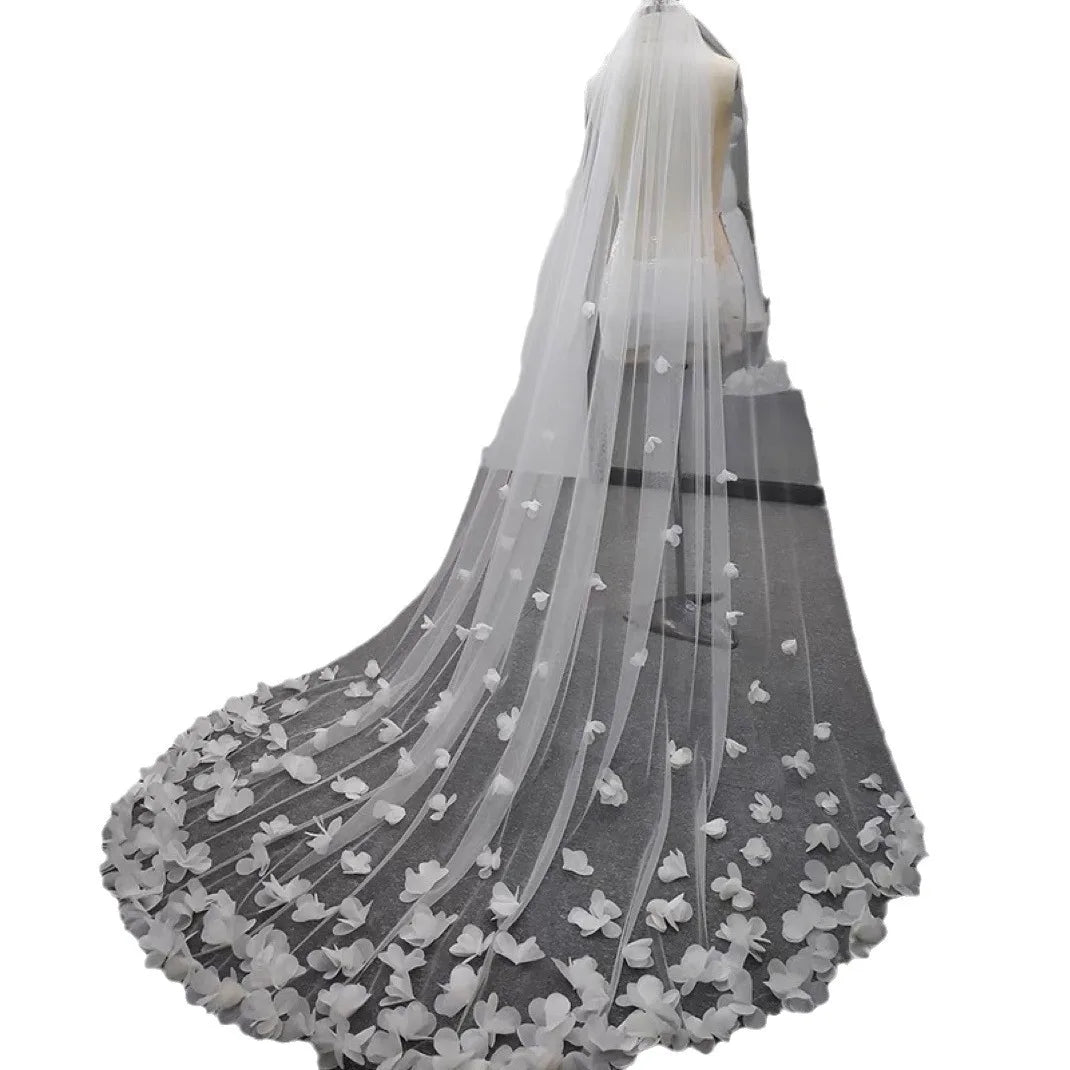 Ivory Bridal Veil Long Cathedral Wedding Veil 3D Flowers Floral Lace Petals Veil for Bride with Comb Velos De Novia