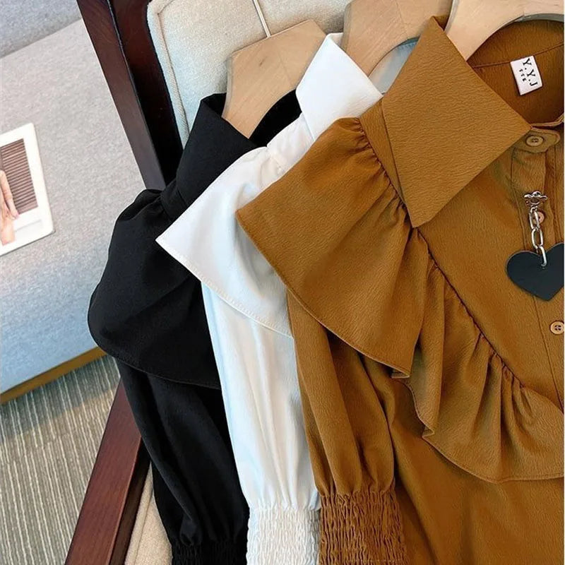 Ruffled Long Sleeved Shirt 2025 New Summer Autumn Chiffon Shirt Women's Blouse Lantern Sleeve Shirt Korean Popular Clothes ﻿