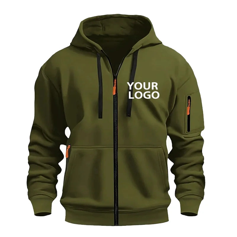 DIY Custom Logo Men's Casual Sports Hoodie Full-Zip Pocket Sweatshirt Fashion Arm Pocket Outdoor Long-Sleeve Pullover Hoodie
