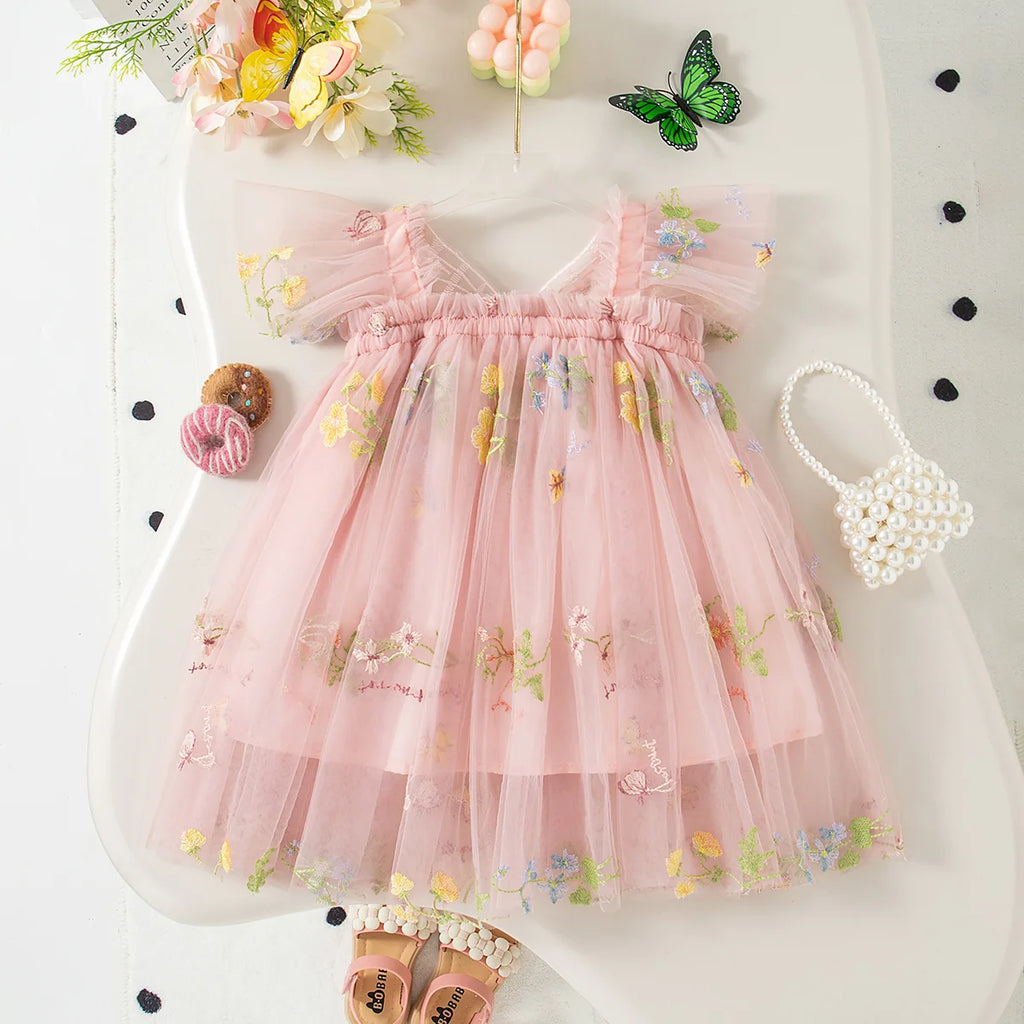 Summer New Sweet Butterfly Wing Baby Girl Princess Dress, Floral Chiffon Wedding Party Children'S Sleeveless Clothes (0-4 Years）