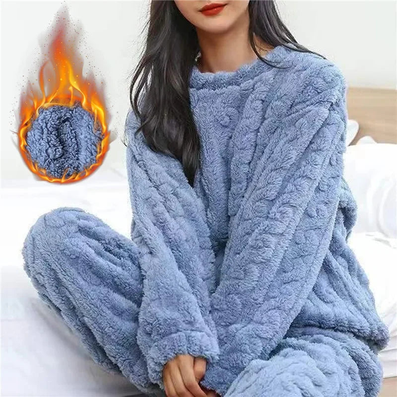 Soft Coral Velvet Jacquard Warm Pajama Set for Women Cozy Loungewear Outerwear for Winter Christmas Valentine's Day Gift ﻿