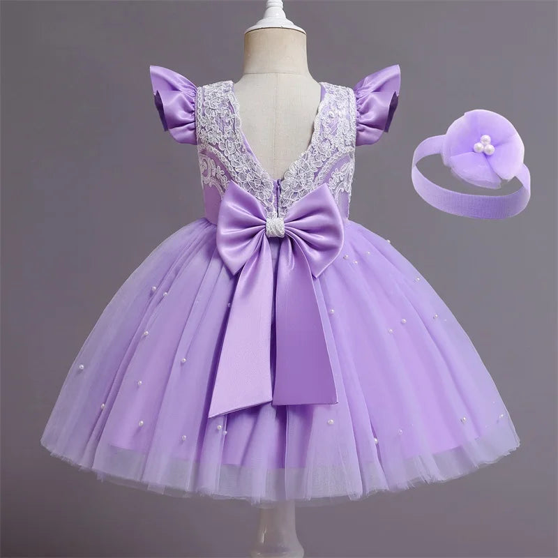 12M Baby Girl Princess Dress Infant One Year Birthday Outfits Toddler Girl Flower Bow Evening Party Tutu Gown Kids Gala Clothes