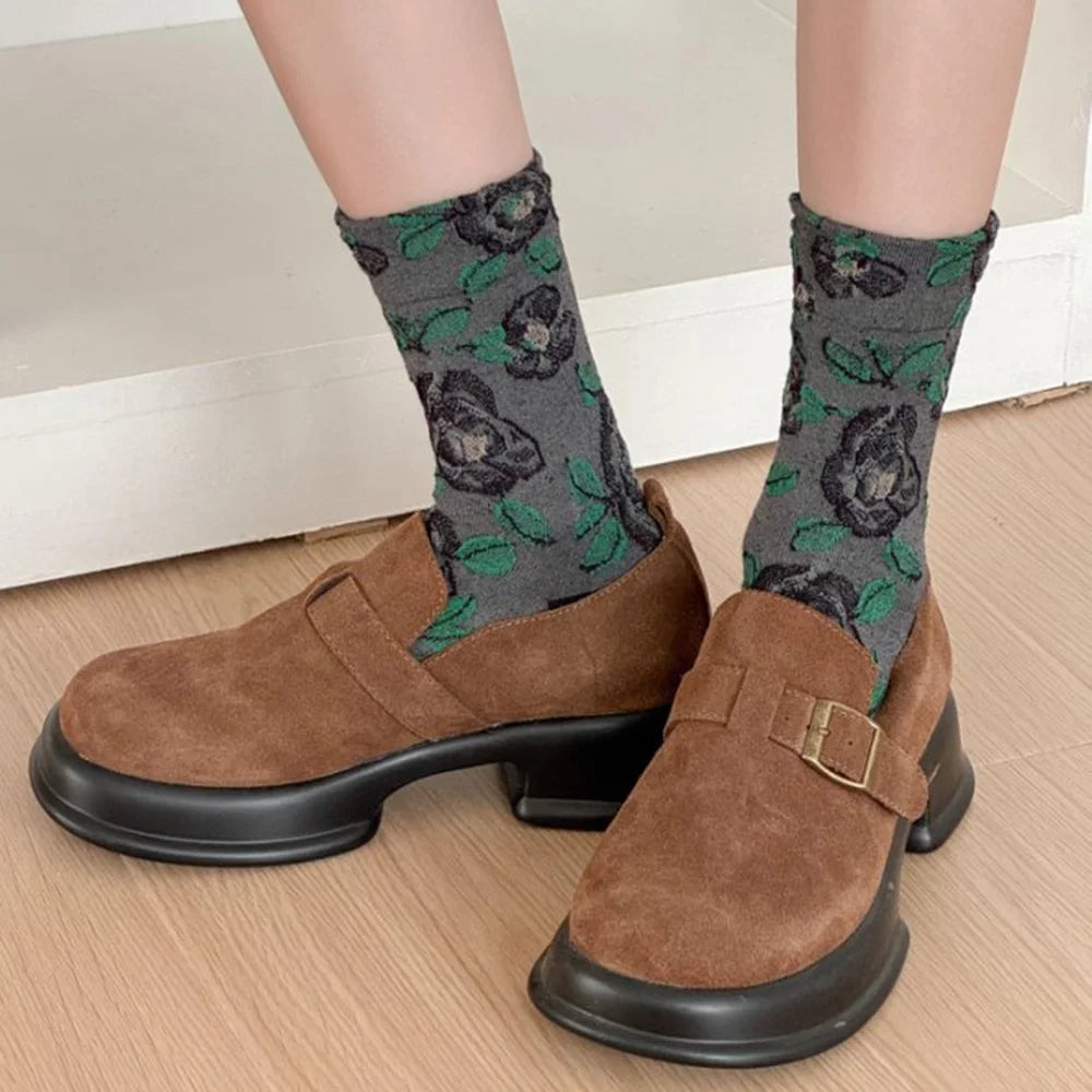 5 Pair Cute Print Socks For Women Long Autumn Winter Fashion Versatile Casual Ethnic Style Vintage Women's Socks Set 2025 New