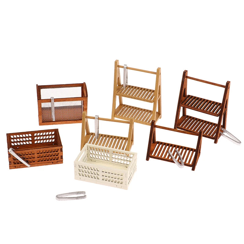 1Set 1:12 Dollhouse Miniature Bread Rack Cake Shelf Storage Box/Basket W/Baking Clip Scene Decor Doll House Accessories