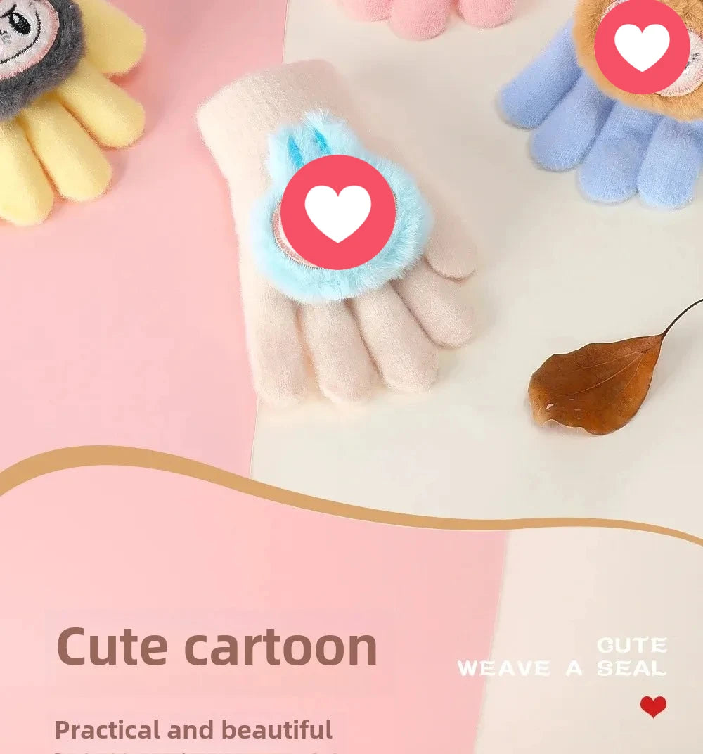 2025 New Children's Five-Finger Warmknit Gloves Winter Warm Simple Cartoon Design Universal Fit For Boys And Girls