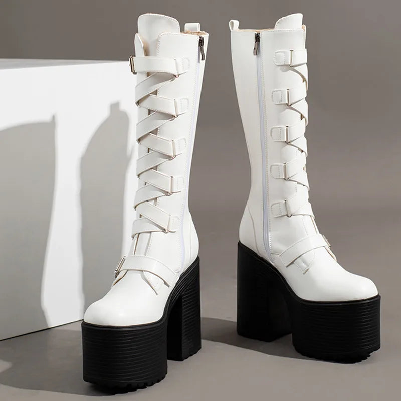 Platform Knee High Boots Women Autumn Winter Punk High Heels Zipper Black White Boot Sexy Buckle Party Goth Shoes Large Size