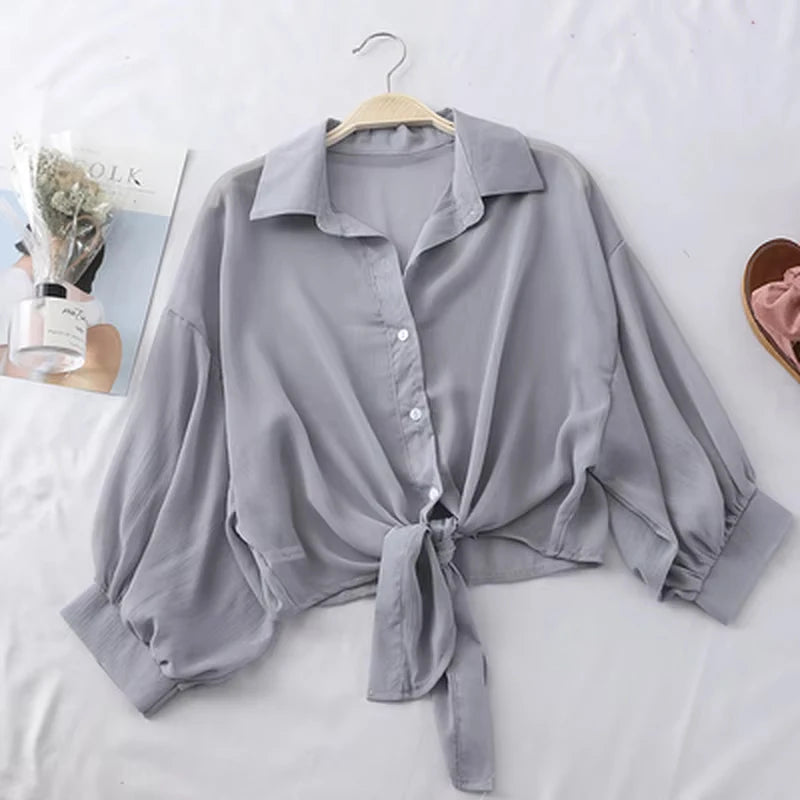 Women Summer Bat Half Sleeve Chiffon Shirt Casual Loose Button Hollow White Clothes Elegant Solid Color Tied Waist Blouse 9776