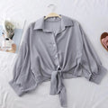 Women Summer Bat Half Sleeve Chiffon Shirt Casual Loose Button Hollow White Clothes Elegant Solid Color Tied Waist Blouse 9776