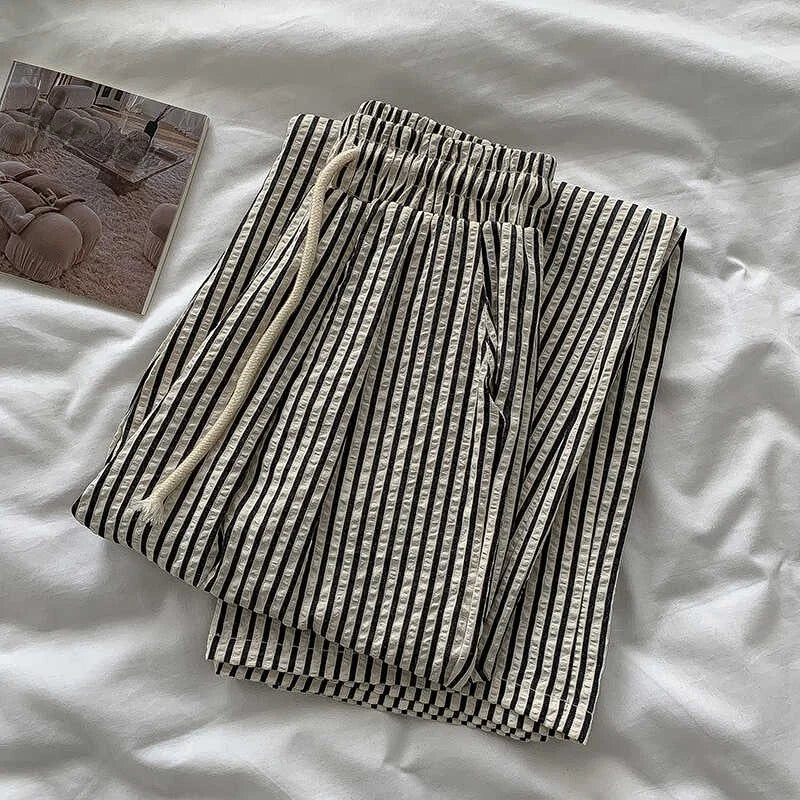 Korean Laid-ba Striped Drapey Casual Pants Women's High-waist Elastic Thin Straight Long Trousers Summer Faion Commute