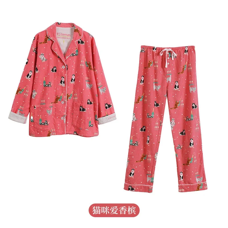 Autumn Winter Women PJS Cotton Ground Wool Sleepwear Warm Thick Cartoon Long Sleeve Pants Pajamas Ladies Homewear Month Clothes