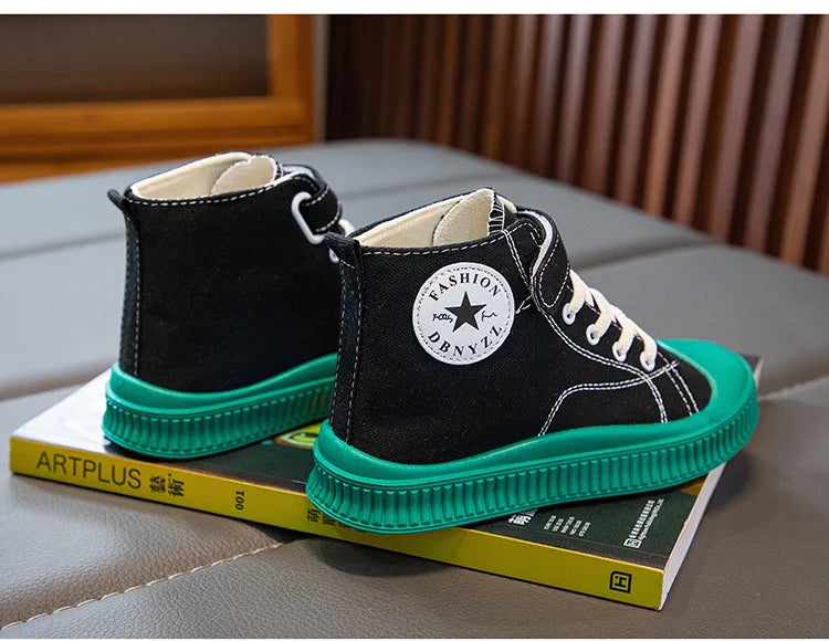 2025 New Children's High-Top Canvas Shoes Boys and Girls Ins Tide Soft Bottom Sneakers with Breathable Casual Board Shoes