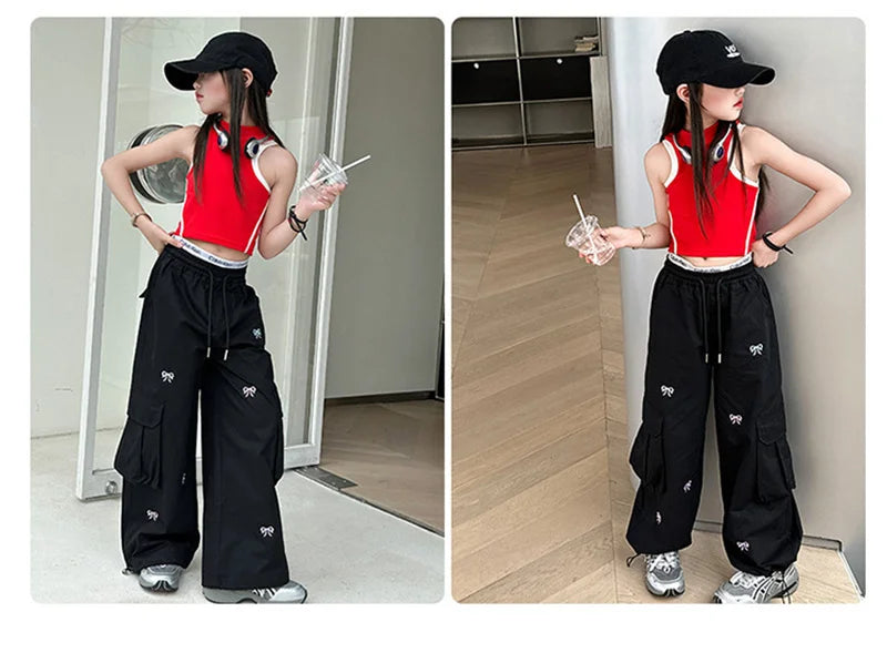 Stylish Loose-fit Cargo Pants Girls Summer Arrival Hip Hop Street Dance Trousers Teenage Streetwear Baggy Joggers Pants 5-14Y