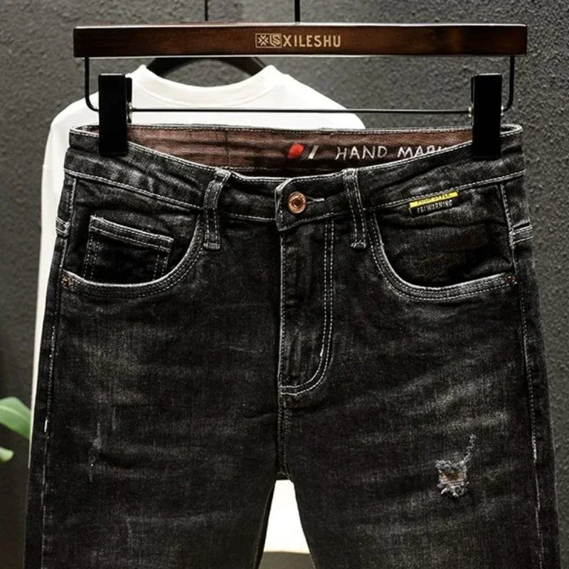 Trousers with Holes Skinny Tight Pipe Men's Jeans Black Broken Man Cowboy Pants Torn Ripped Slim Fit Designer Spring Autumn Xs