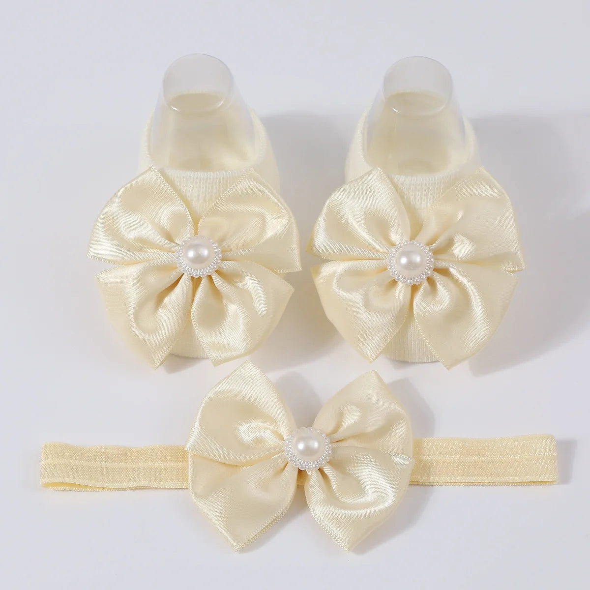1Set New Baby Pearl Bowknot Headbands Socks Newborn Toddler Soft Prewalker Sock Girl Infant Cute Knitted Cotton Hairband Socks