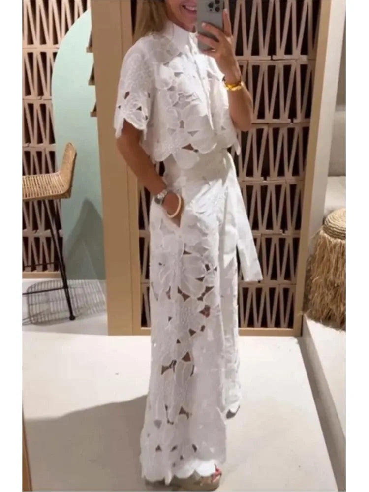 Elegant Women's Sets Sexy Lace Hollow Shirt Short Top + Wide-leg Pants Two Piece Set Women Suits Fashion Solid Color Sets Female