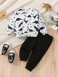 Spring And Autumn Boys' Sports Comfortable And Soft Two-Piece Set With Dinosaur Print Long-Sleeved Shirt And Black Long Pants