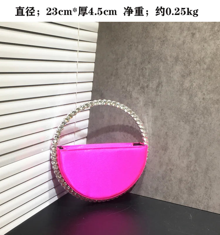 Lady Blue/Pink Diamond Circular Evening Bag Women Fushia Round Handle Rhinestone Dinner Clutch Purse Ladies Half Moon Handbags