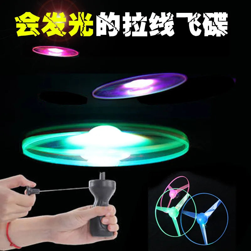 Kid Sports Pull Line Saucer Toys Children Outdoor Fun Rotating Flying Toy LED Light Processing Flash Flying Toy for Parks Beach