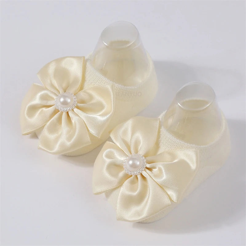 Baby Pearl Bow Solid Color Floor Socks Newborn Infant Knitted Breathable Socks Sweet Cute Girls Princess Children Birthday Gifts