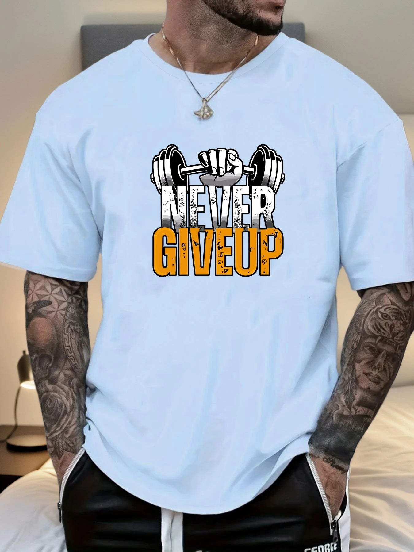 Men's Gym T-shirt Never Give Up Print Short Sleeve Soft Oversized Fitness Daily Wear