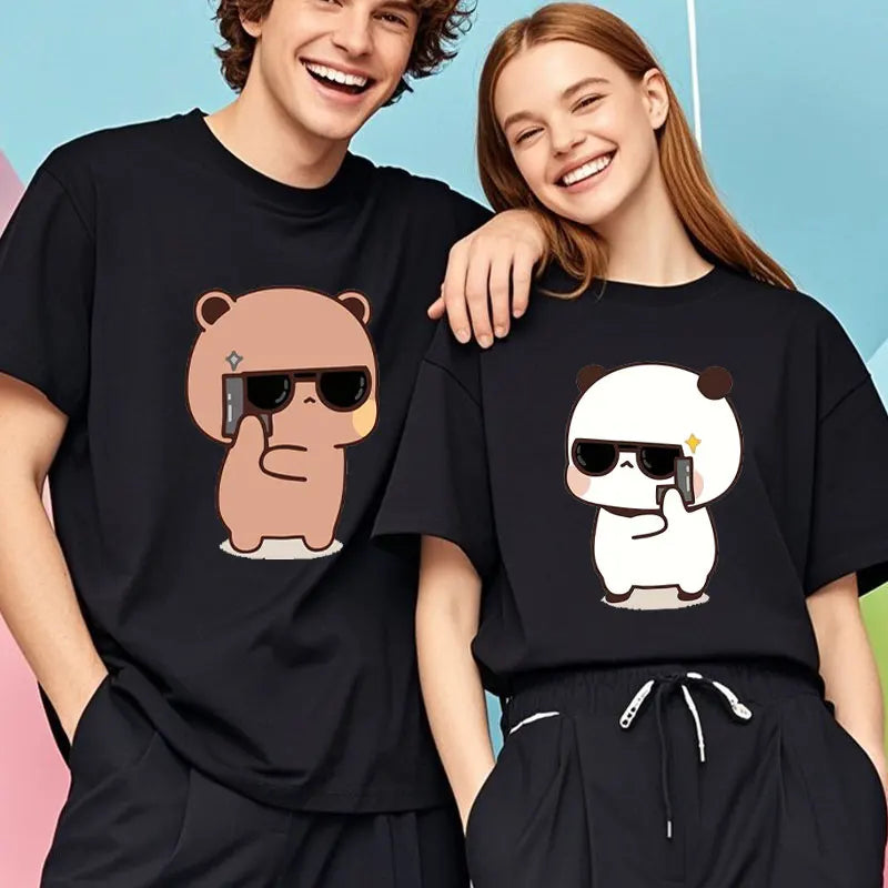 Kawaii Bubu Dudu Couple Shirt Bear Panda Are Spy Love Things Couple Do Tshirt Cute Matching Cotton T-shirt Man Woman Casual Tees