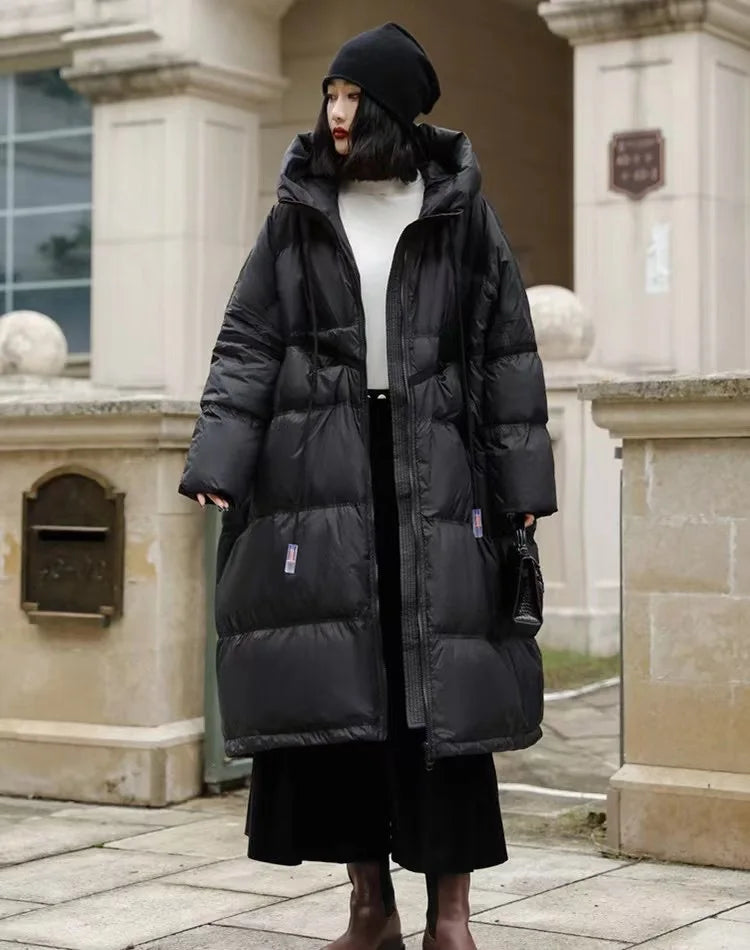 Janveny Women 90% White Duck Down Jacket With Hooded Loose Oversize Long Puffer Coat Autumn Winter Warm Outwear Female Parkas