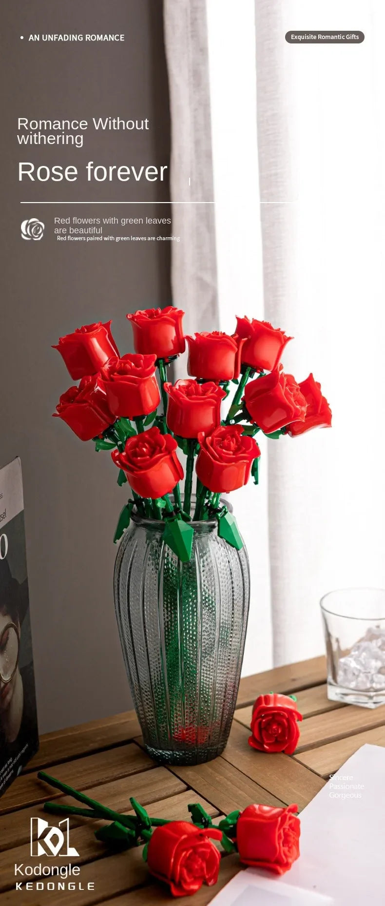 Romantic Rose Flower Bouquet Building Block Eternal Model Assembly Plastic Plant Brick Home Decor Mother's Day Birthday R Gift