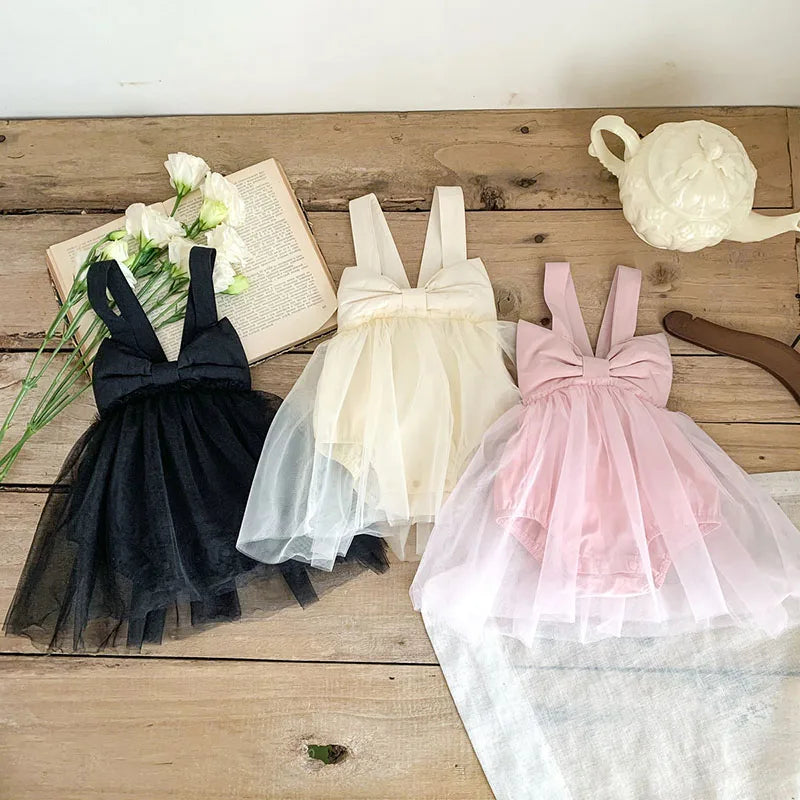 2024 New Summer Baby Tutu Dress Big Bow Birthday Clothes for Newborn Toddler Suspenders Gauze Bodysuit for Girls