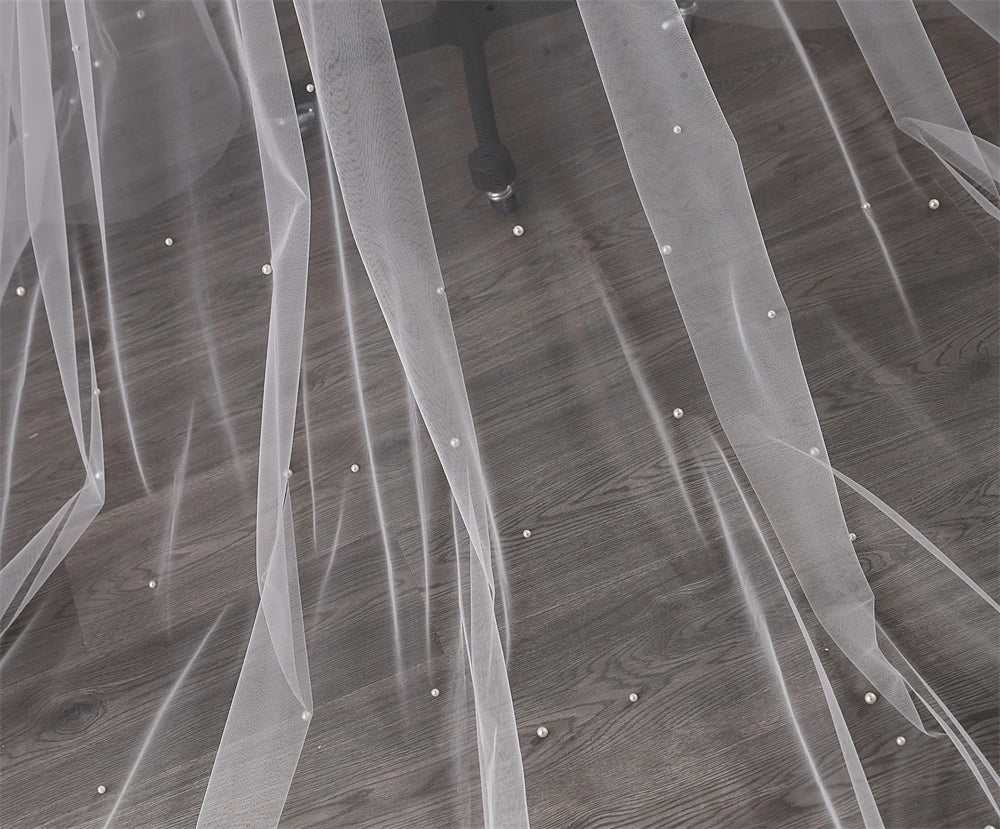 Pearls Wedding Veil 1 Layer Long Bridal Cathedral Veil With Pearls Mantilla Luxurious Tulle Crystal Bride Veil Hair Accessories