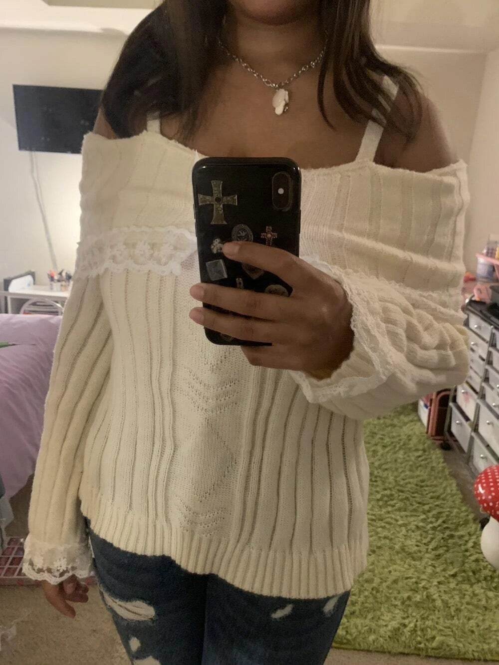 Grunge Women Off Shoulder Knit Sweater Pink Pullover Sweet Pullovers  Long Sleeve Bow Lace Patchwork Jumpers Y2k Streetwear