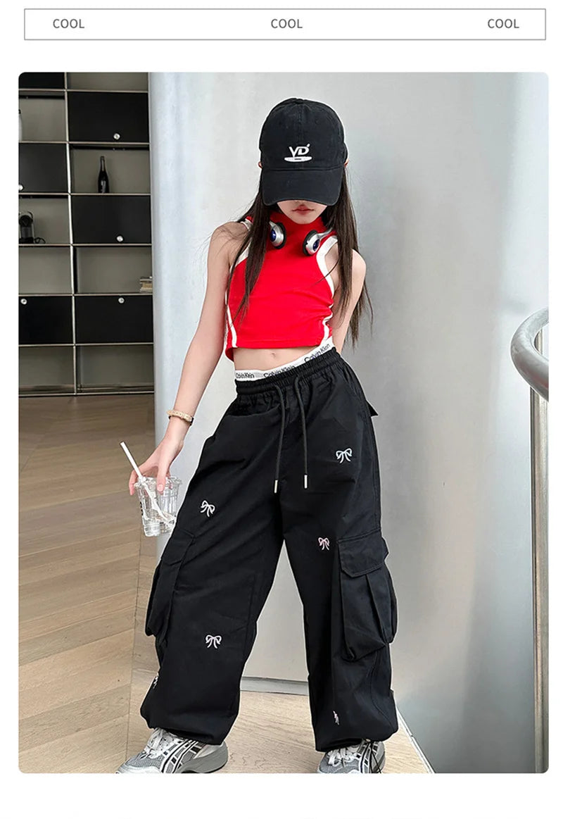Stylish Loose-fit Cargo Pants Girls Summer Arrival Hip Hop Street Dance Trousers Teenage Streetwear Baggy Joggers Pants 5-14Y