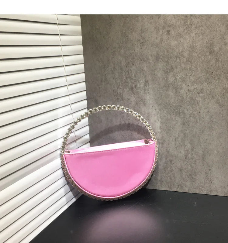 Lady Blue/Pink Diamond Circular Evening Bag Women Fushia Round Handle Rhinestone Dinner Clutch Purse Ladies Half Moon Handbags