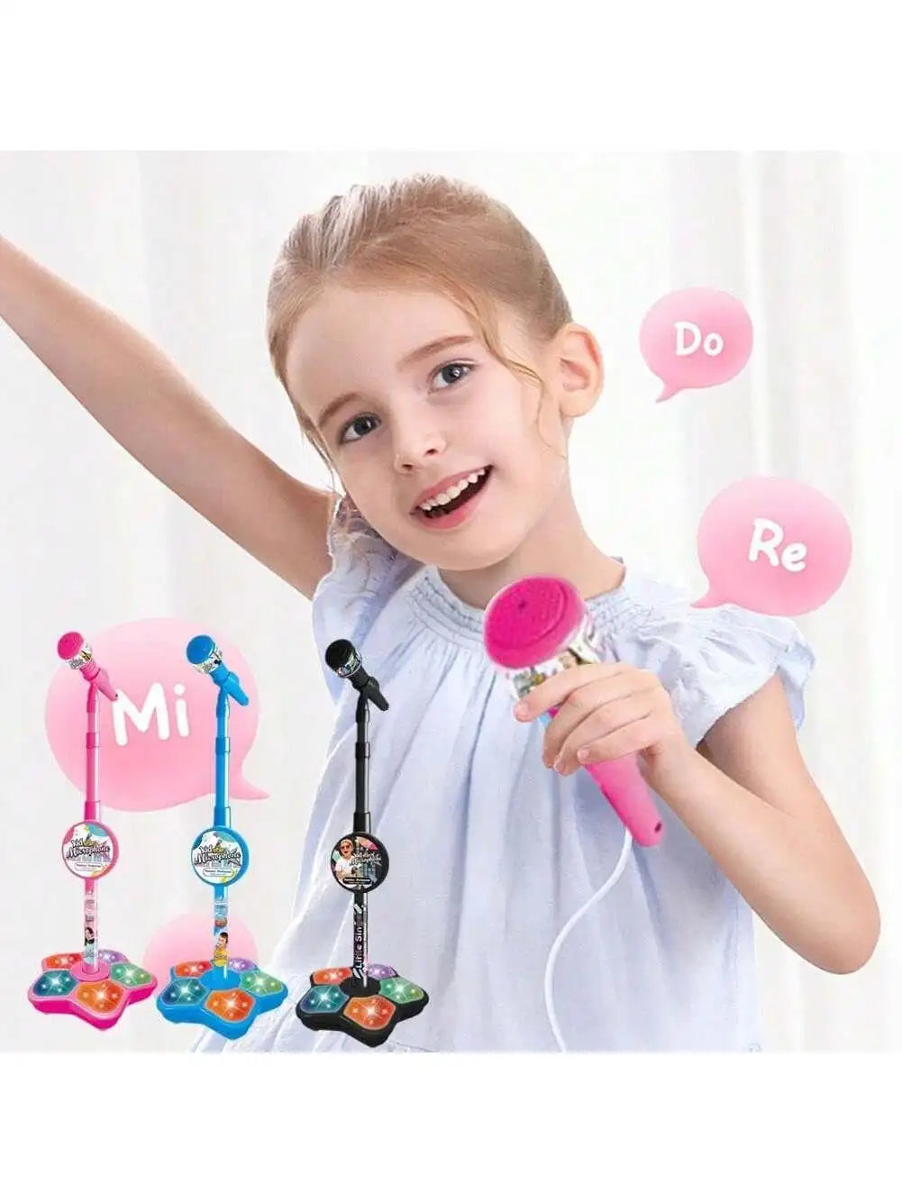 Children Singing Microphone Toy with Music Speaker Stand Light Up Karaoke Instrument for Kids Children Birthday Gift