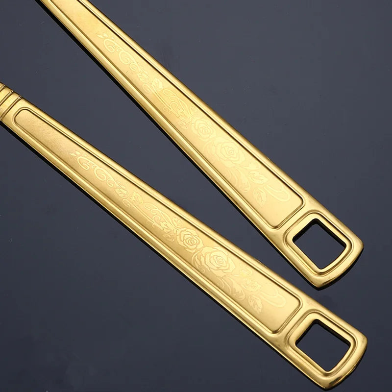 Stainless Steel Kitchen Gold Cooking Utensils Hollow Shovel Spatula Large Salad Spoon Fork Stirring Serving Tableware