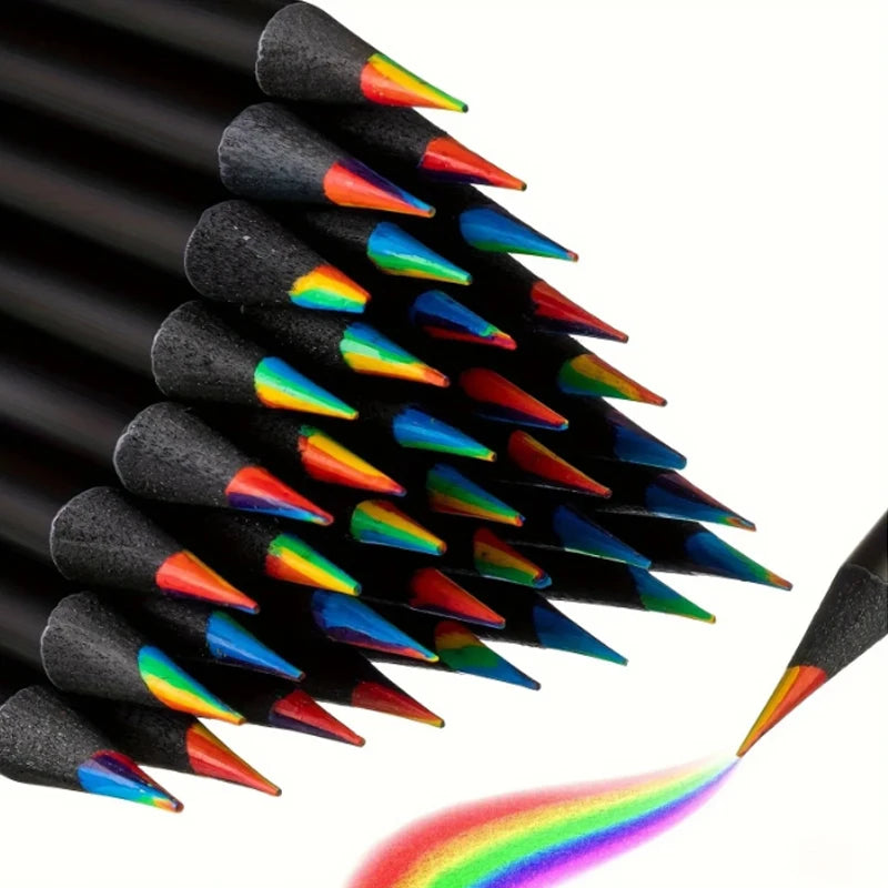 10 Pcs 7-in-1 Rainbow Colored Black Wood Pencils for Sketching Doodling Coloring Painting - Assorted Colors