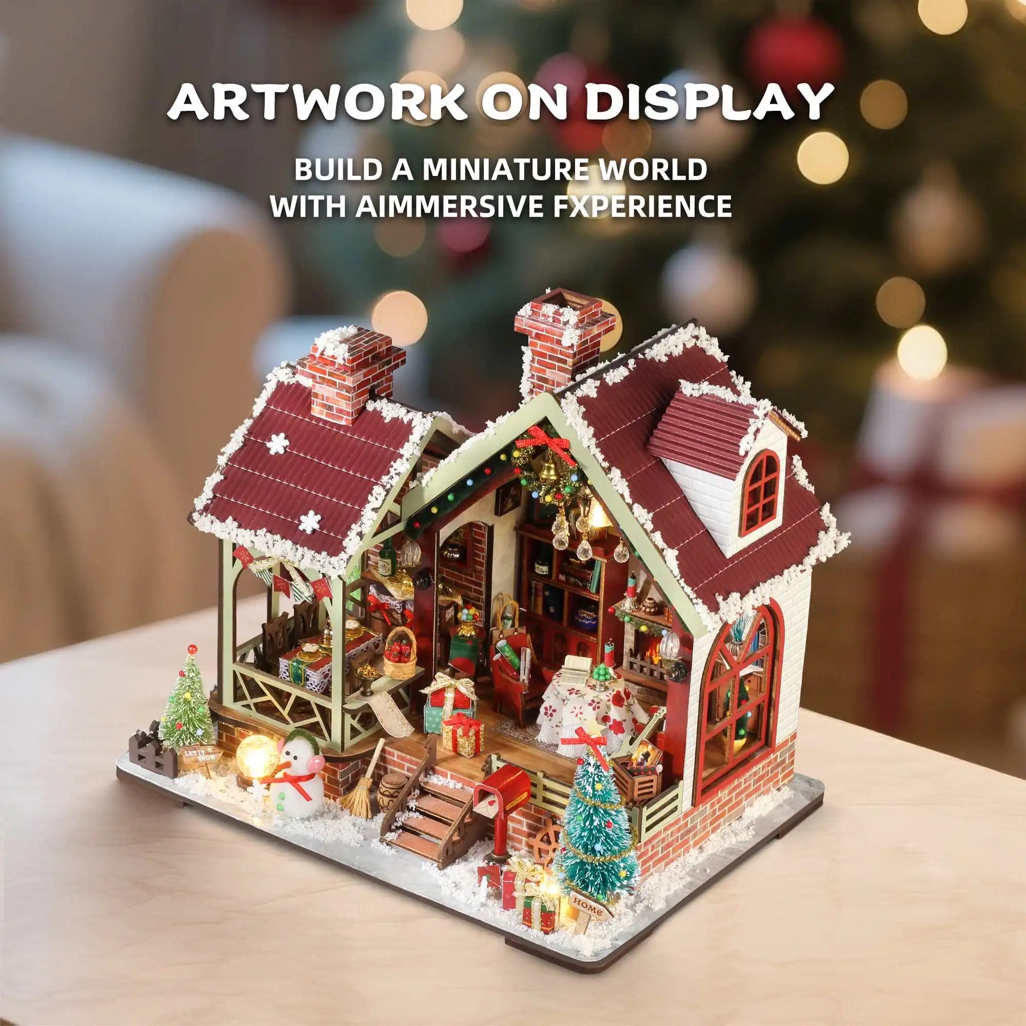 Christmas Night Warm House - Miniature Dollhouse DIY Kit with Music Box, Desktop Decor, Creative Gift (English Color Box)