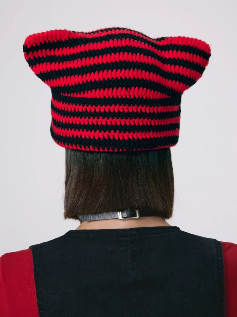 New Japanese Streetwear Harajuku Beanie Little Devil Striped Knitted Hat Women Girls Autumn Winter Cute Cat Ears Cap