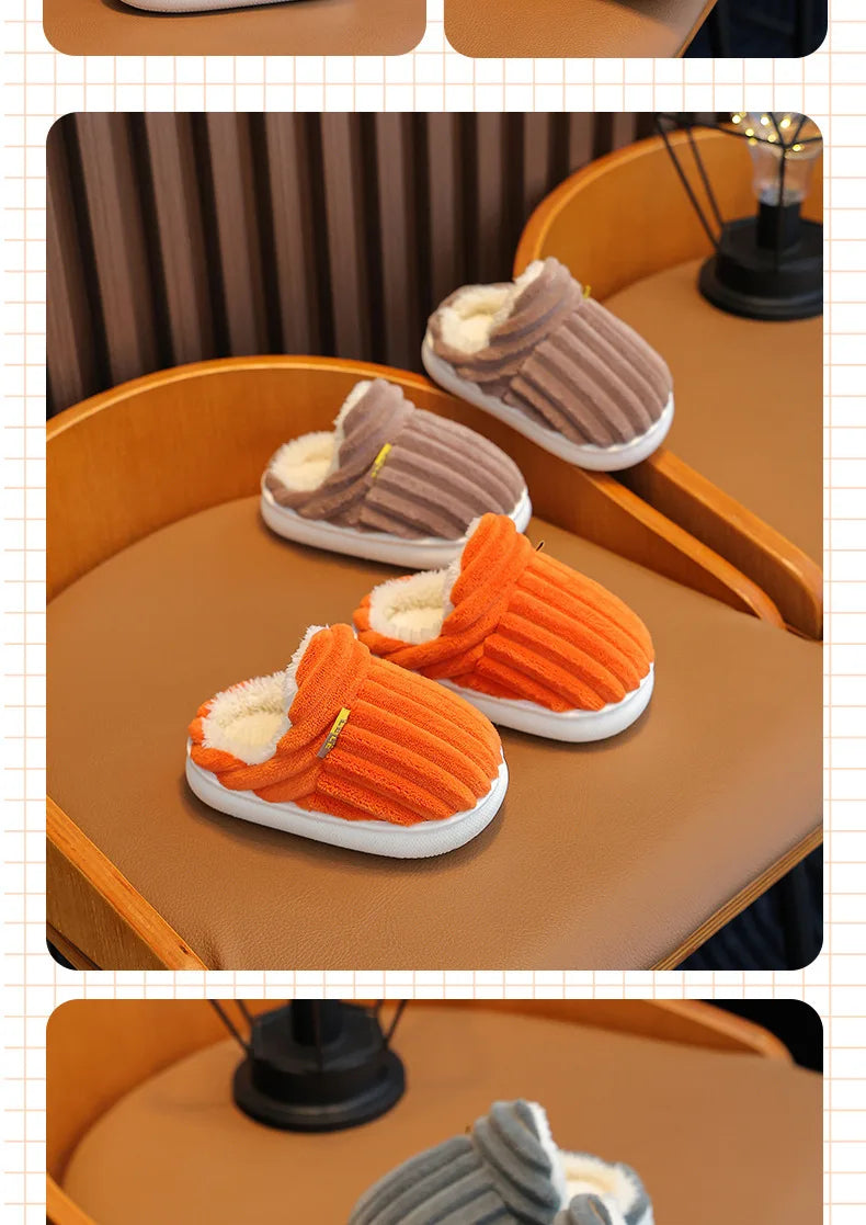 Winter children's cotton slippers for boys and girls, anti slip and warm bags, and parent-child fuzzy and plush home baby cotton