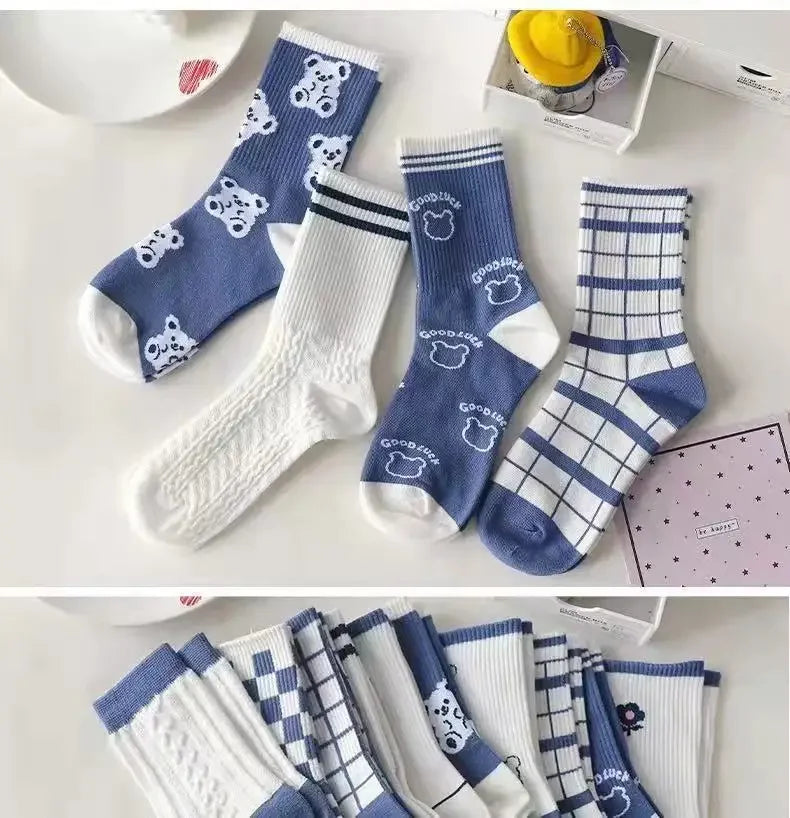 Women's Socks Warm Socks In Autumn and Winter Blue Socks Students High-top Striped Checkered Sports Stockings