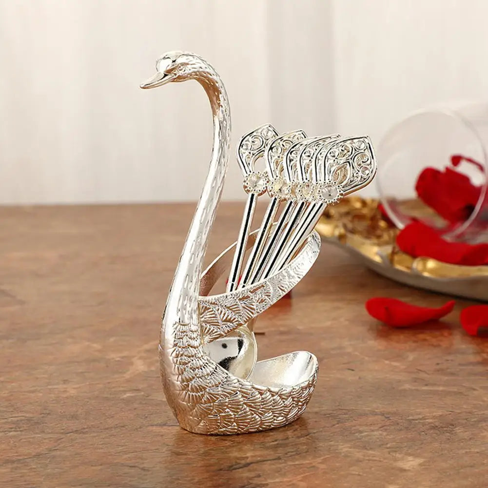 Stirring Spoon High Durability Cutlery Spoon Set Bright Color Swan Shaped Storage Holder Spoon Dinnerware Set Multipurpose