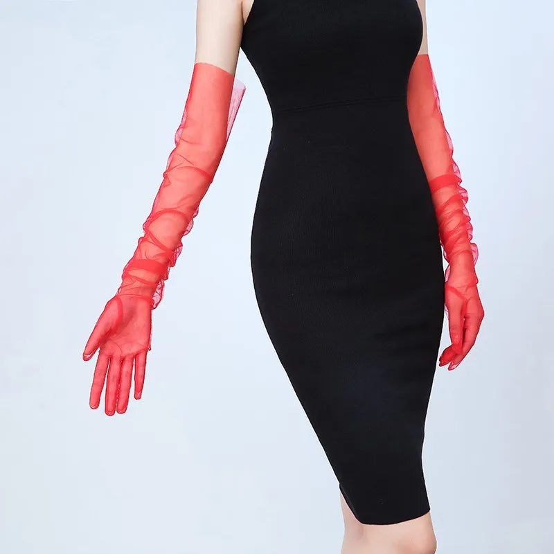 Women Long Sheer Tulle Gloves for Bridal Wedding Accessories Party Transparent Finger Gloves