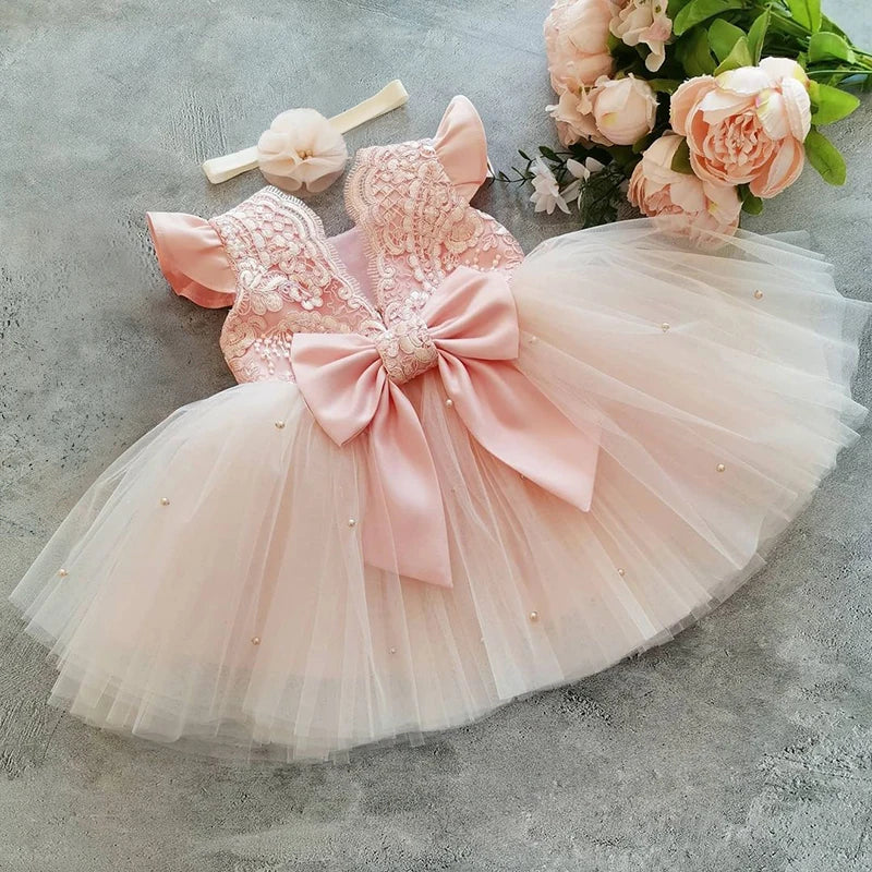 12M Baby Girl Princess Dress Infant One Year Birthday Outfits Toddler Girl Flower Bow Evening Party Tutu Gown Kids Gala Clothes