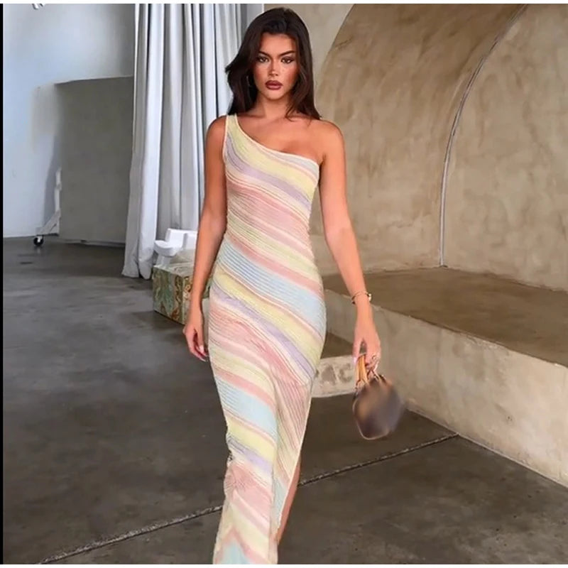 Color Blocked Knitted Long Dress Women Elegant Off Shoulder Corset High Split Vestidos 2026 Lady Daily Beach Vacation Wear New