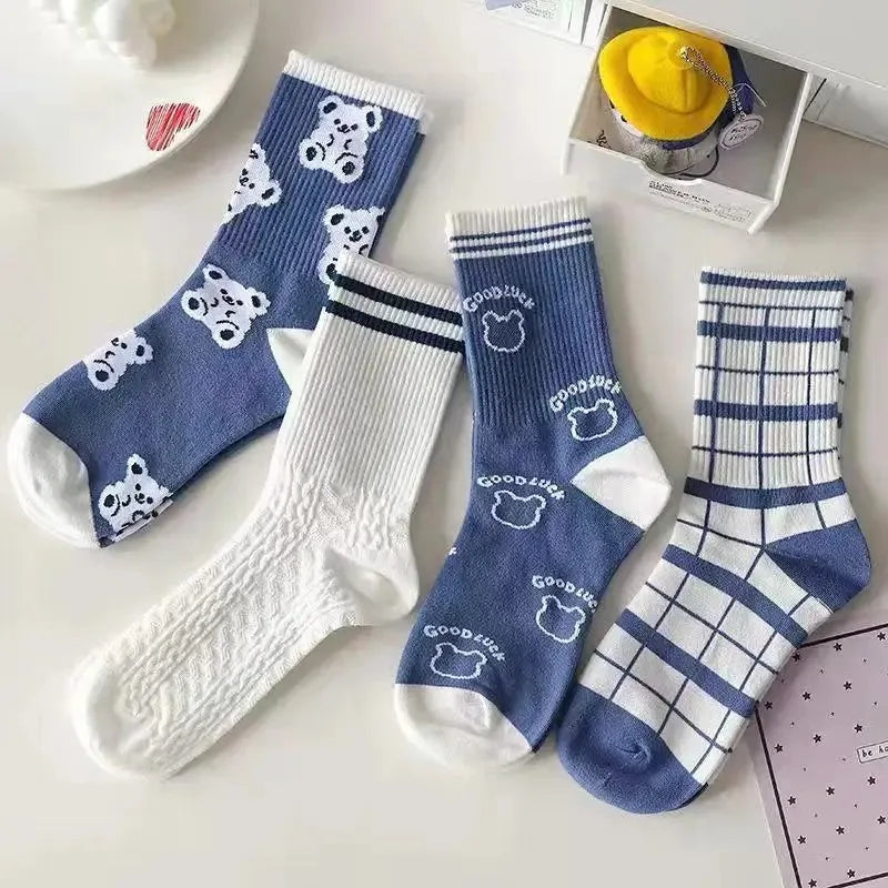 Women's Socks Warm Socks In Autumn and Winter Blue Socks Students High-top Striped Checkered Sports Stockings
