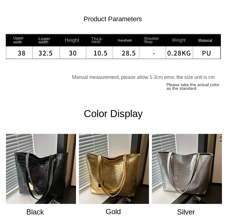 Fashion Casual Women Shoulder Bags Silver Gold Black Crocodile Handbag PU Leather Female Big Tote Bag Ladies Shopping Bag