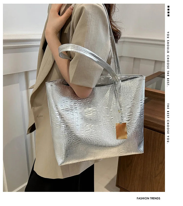 Fashion Casual Women Shoulder Bags Silver Gold Black Crocodile Handbag PU Leather Female Big Tote Bag Ladies Shopping Bag