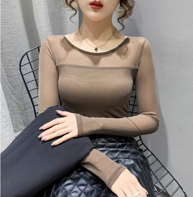 Autumn Winter Round Neck T shirt Women Sexy Mesh Bottoming Shirt Long Sleeve Solid Color Slim Fit Long Sleeve Casual Tops