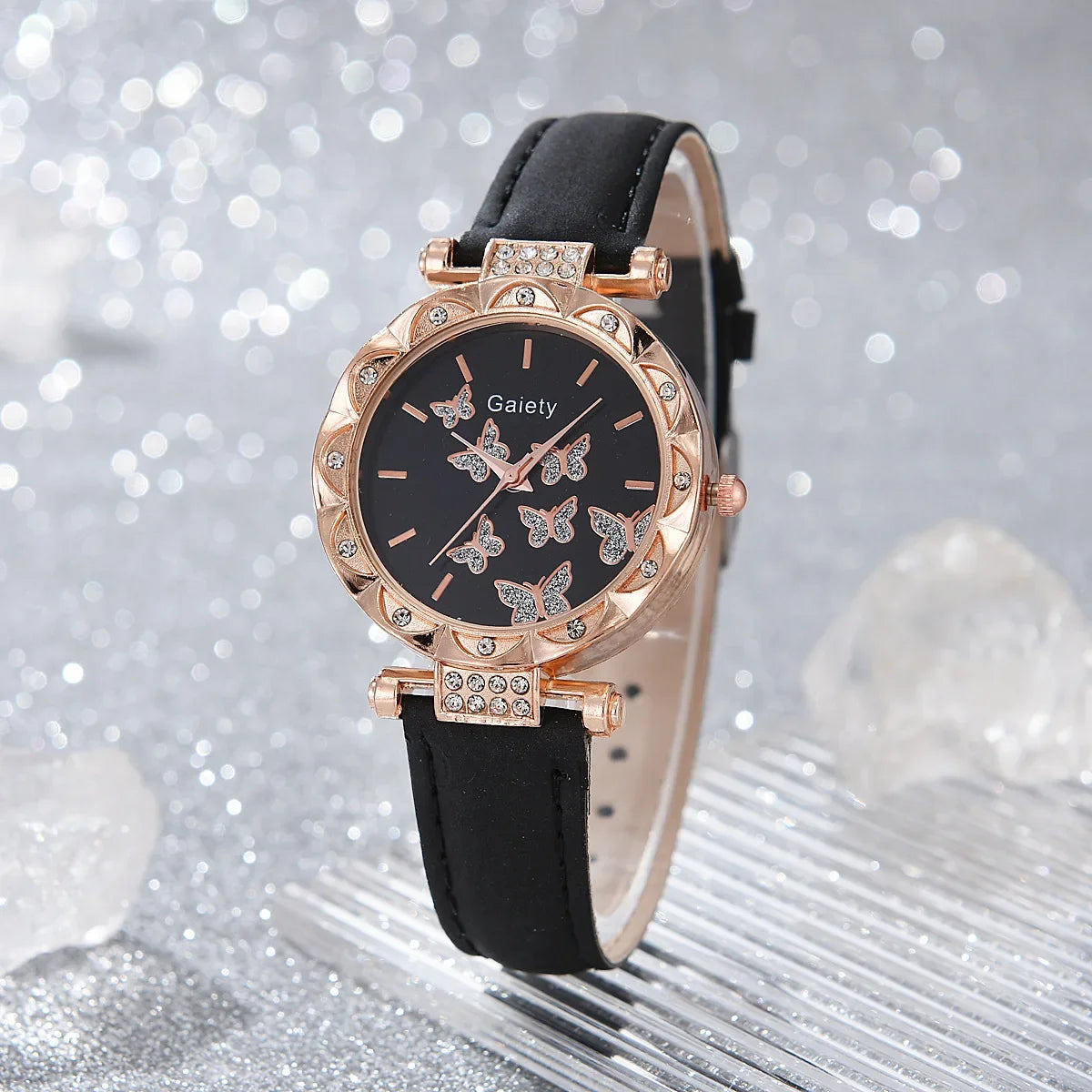 6/1pcs Set Watch for Women Cute Butterfly Crystal Rhinestone Women Watches Ring Necklace Earrings Bracelet Set (No Box) 시계
