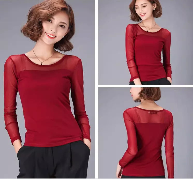 Autumn Winter Black White Bottoming Shirt Round Neck Solid Mesh T Shirt Korean Fashion Women Tops